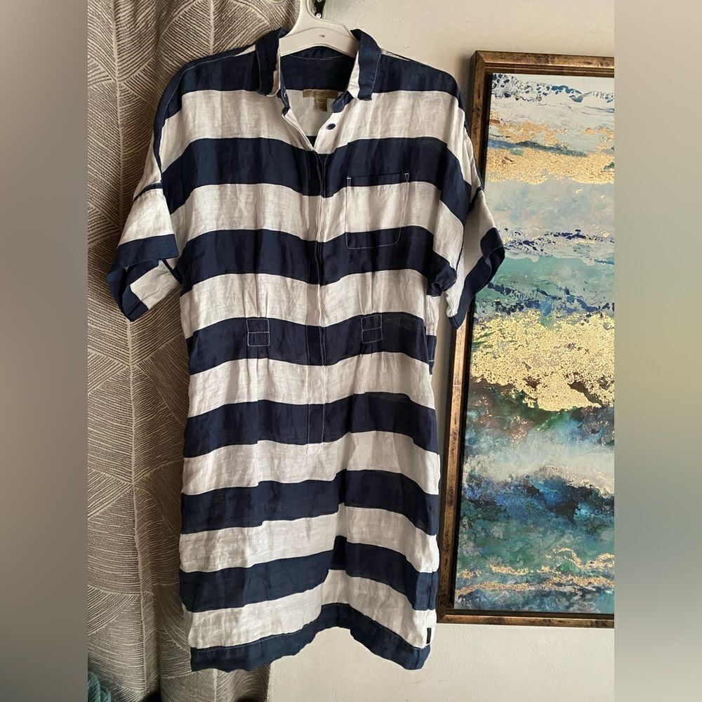 Burberry Brit Shirt Dress Womens  Plaid  White Navy  Sz 4  Linen Pockets